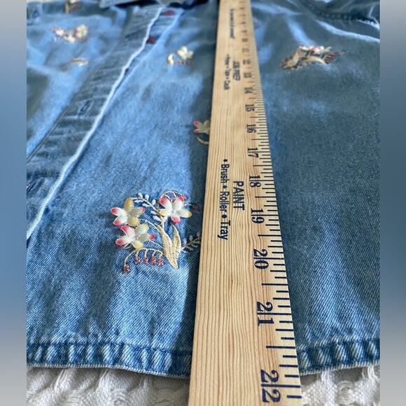 Vintage Lemon Grass Embroidered Short Sleeve Denim Button Up Raised Flower Plaid - Picture 6 of 9